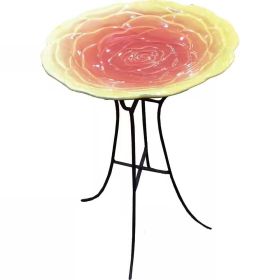 Pink & Yellow Rose Ceramic Birdbath with Metal Stand 16” Diam