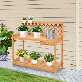 Gardening Bench w/ Lattice Back and Shelf with Drawer 44 x 45”