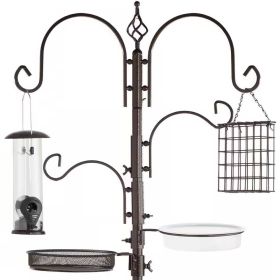 Complete Metal Bird Feeder Station with 4 Feed Options - Comes in Black or Bronze Finish 89” Tall. (Color: Bronze)