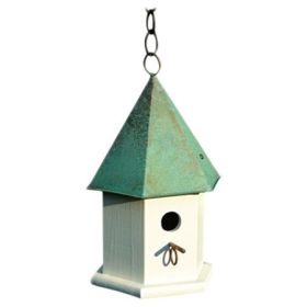 White Wood Bird House with Verdi Green or Brown Copper Roof  with 1.25” Opening - Made in USA (Roof Color: Verdi Green)