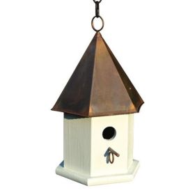 White Wood Bird House with Verdi Green or Brown Copper Roof  with 1.25” Opening - Made in USA (Roof Color: Brown)