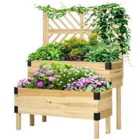 2 Tier Elevated Planter Boxes with Trellis Grey Finish or Natural (Type: Natural Wood)